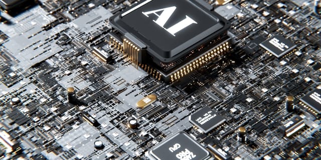 A close-up of a complex circuit board with integrated circuits glowing faintly, representing frontier AI capabilities.