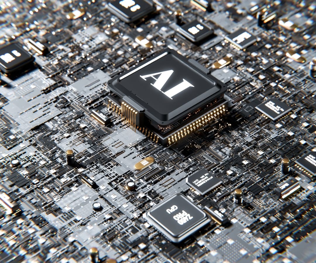 A close-up of a complex circuit board with integrated circuits glowing faintly, representing frontier AI capabilities.