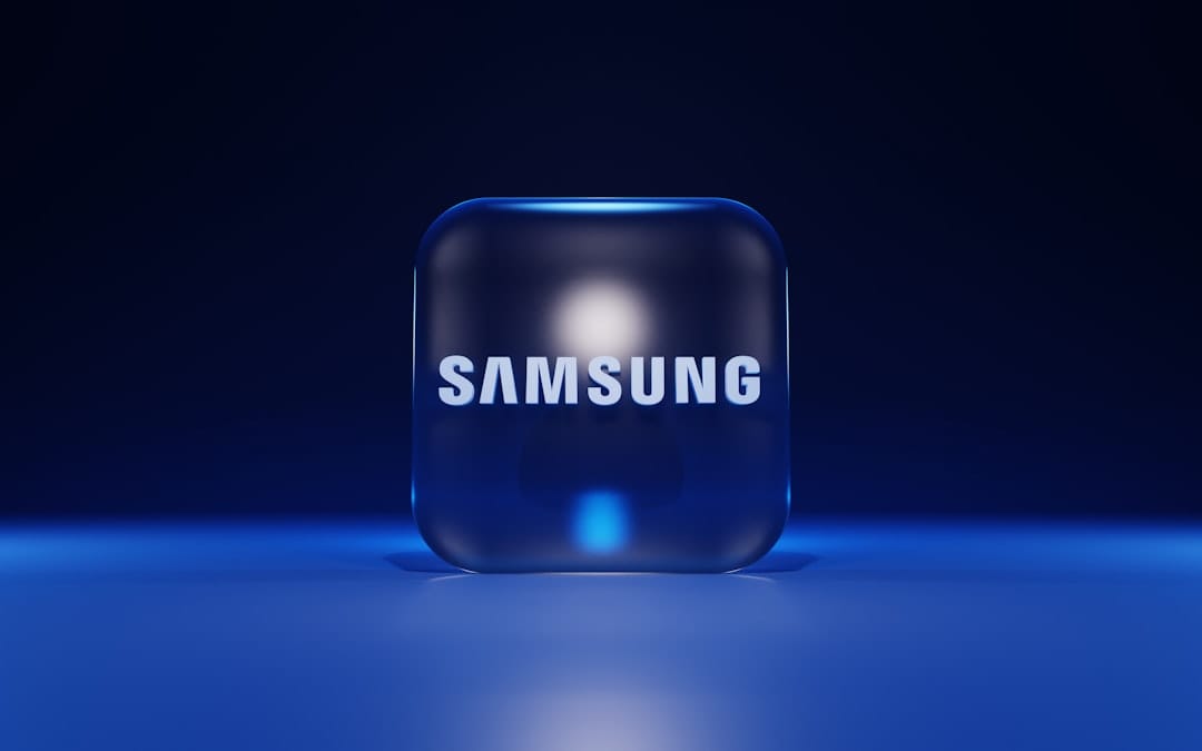 Close-up of a Samsung HBM memory stack with exposed silicon dies and interconnects.