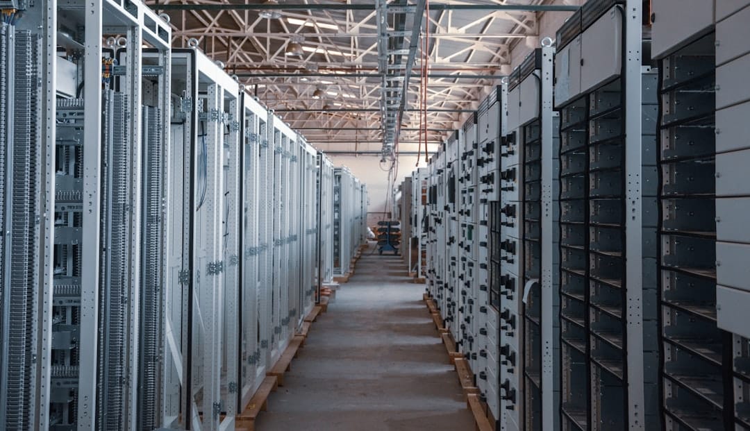 A server rack with GPU cards in a data center, illustrating vLLM inference hardware.