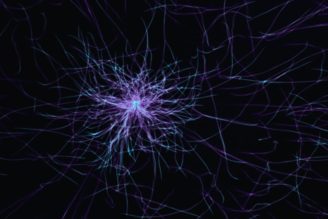 Abstract visualization of neural network layers with data flowing through connected nodes.